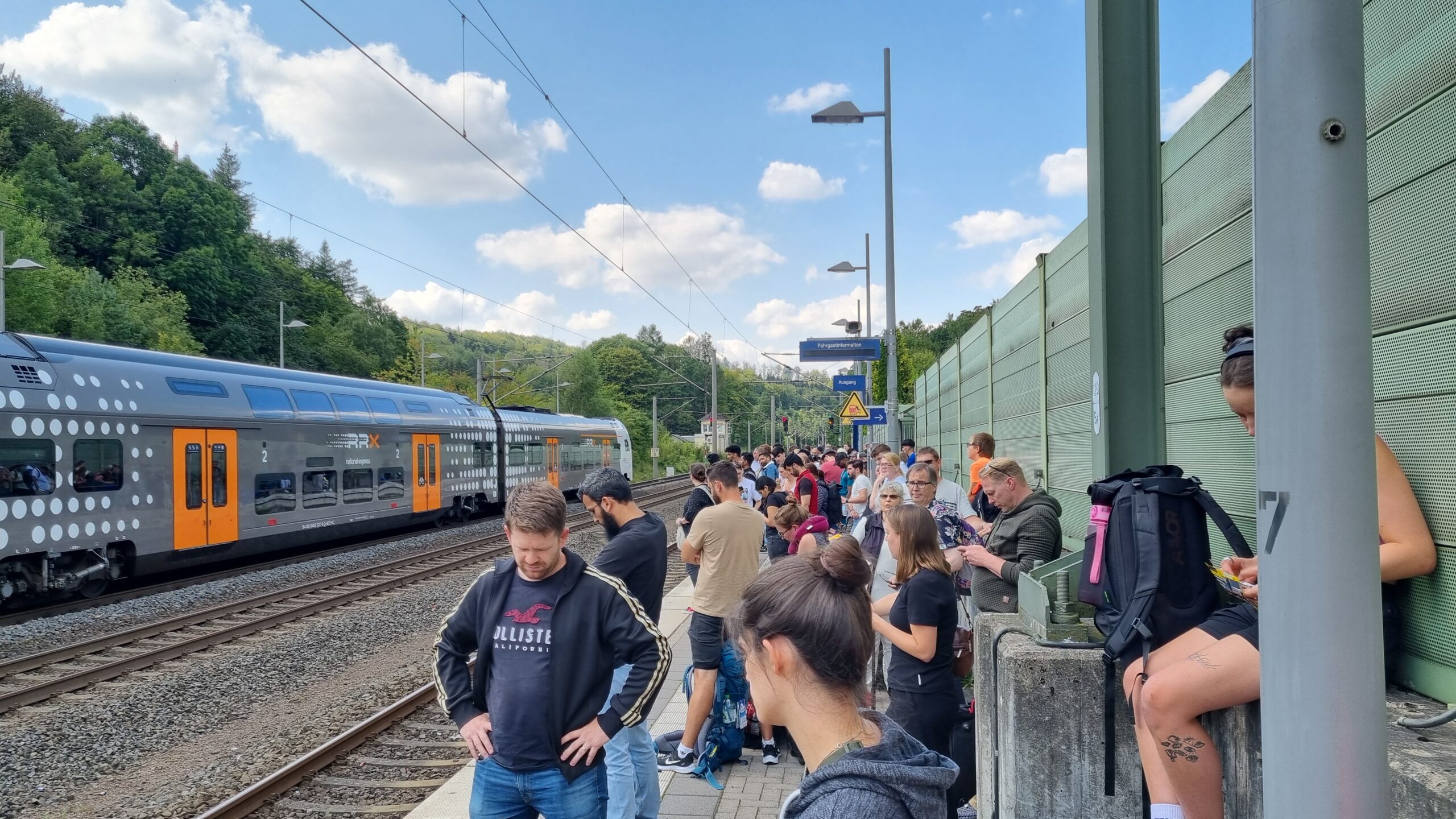 20240826_145029 A packed platform at Willebadessen with everyone from our train. Our train is the RRX on the other side